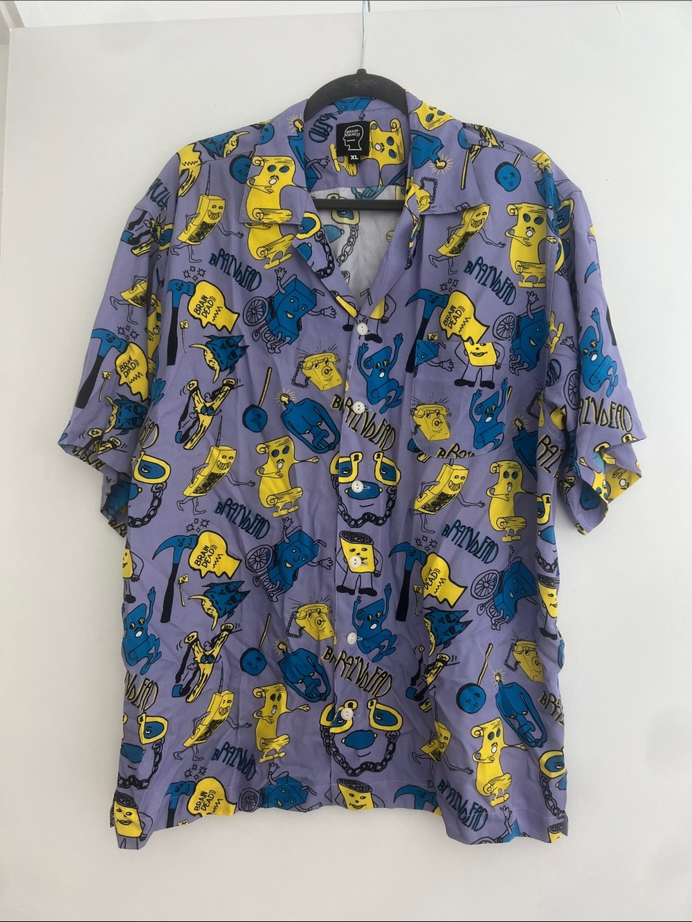 Brain Dead Caricatures Hawaiian Bowling Camp Shirt Plum Blue Yellow Viscose XL